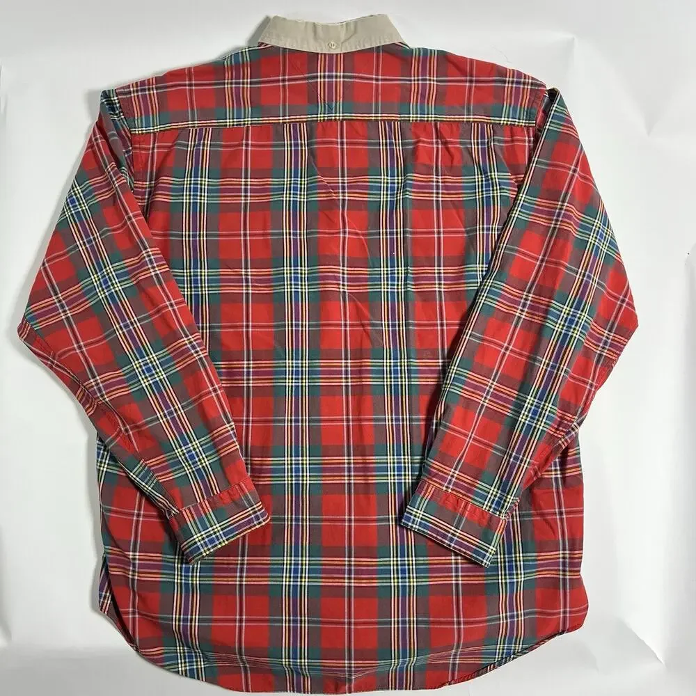 VTG‎ Tommy Hilfiger Men's Red Plaid Woven Cotton Button-Up Shirt LS Pockets L/G